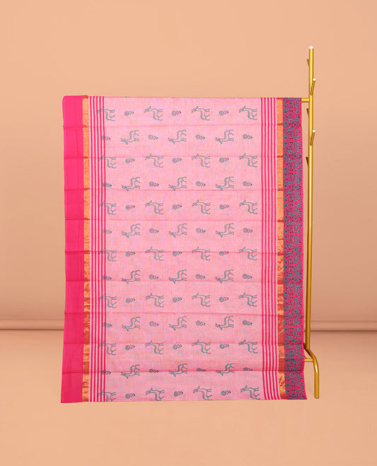 Pink Chirala Cotton Saree, Bedecked with Floral and Deer Motifs, a Contrast Deer Motifs Border, Striped Pallu, and a Matching Blouse