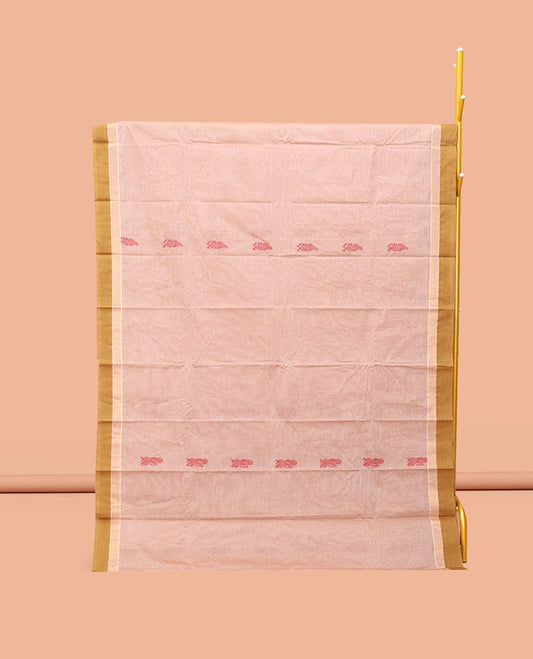 Sandal Kanchi Cotton Saree, Bedecked with Buttas, Complemented by a Contrast Border, Floral Pallu, and a Matching Blouse