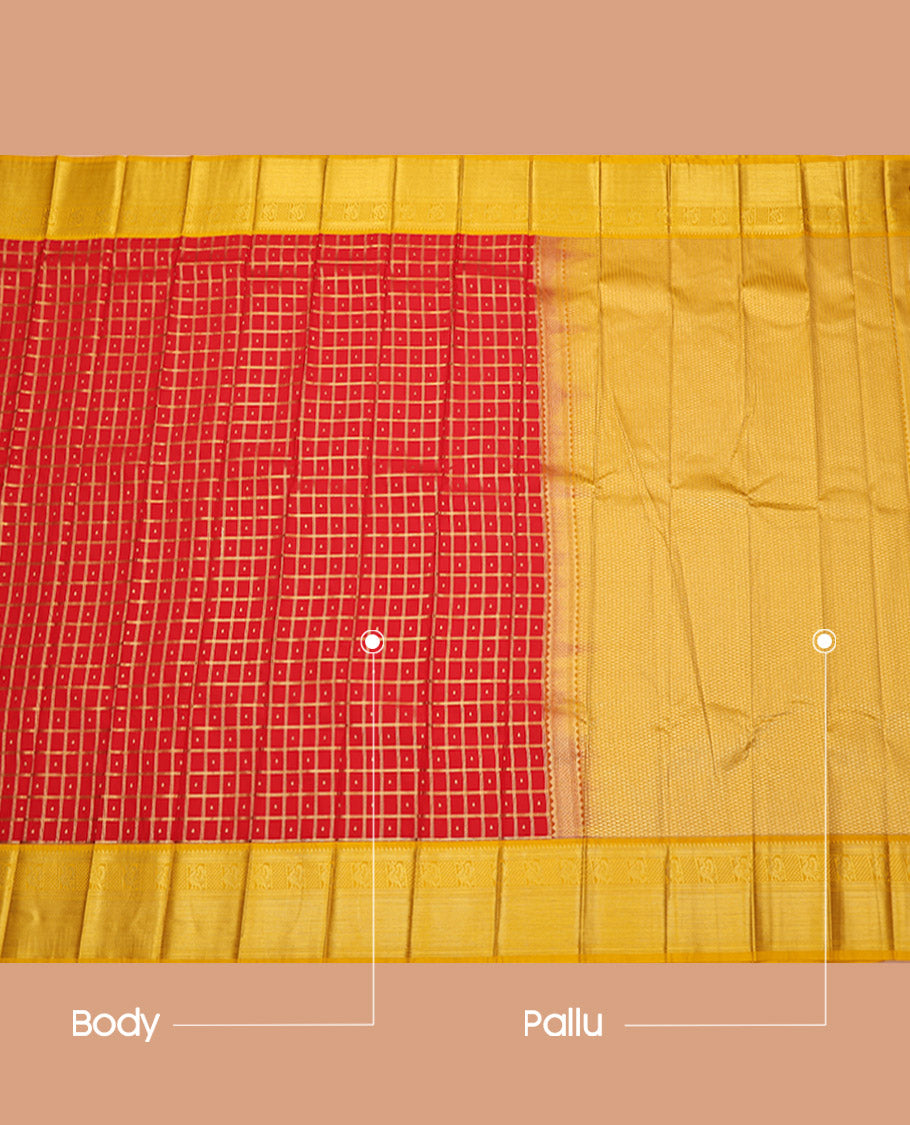 Red Budget Silk Saree, Spotlighted with Zari Butta Enclosed Checked Design on Its Body, Complemented by a Contrast Traditional Zari Design Border, Grand Jaal Pallu, and Paired with a Contrast Blouse