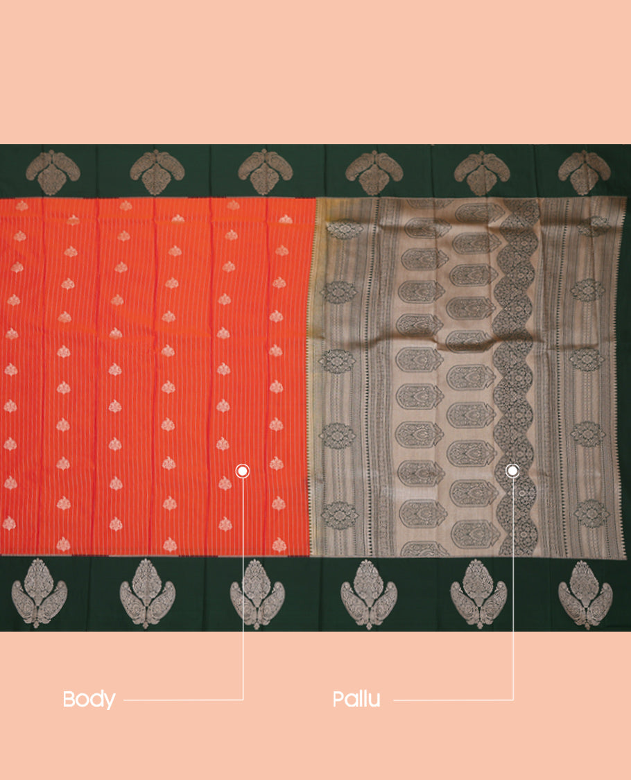 Orange Budget Silk Saree, Uniquely Detailed with Zari Buttas and Stripes, Complemented by a Contrast Zari Motif Border, Intricate Pallu, and a Contrast Blouse