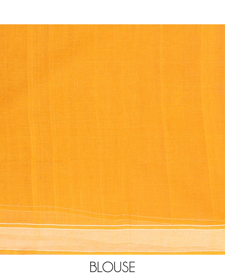 Yellow Bengal Cotton Saree, Steeped with Thread Buttas, a Subtle Border, a Pallu of Stripes and Buttas, and a Matching Blouse