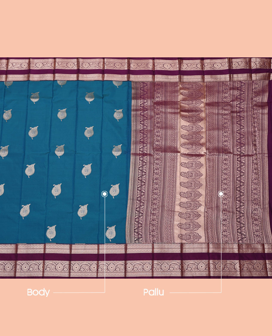 Blue Budget Silk Saree, Featuring Zari Buttas All Over Its Body, Complemented by a Contrast Traditional Zari Design Border, Intricately Designed Pallu, and Paired with a Contrast Blouse