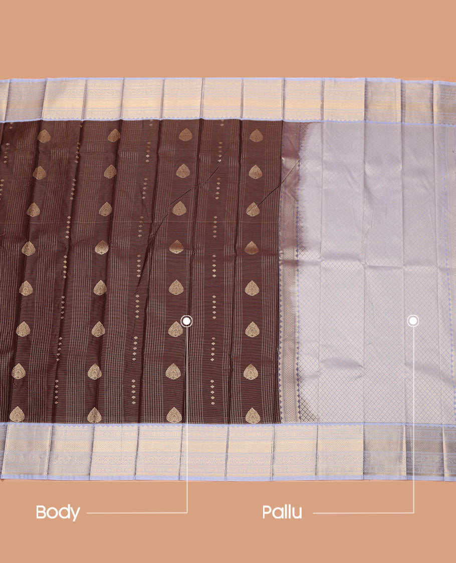 Brown Budget Silk Saree, Spotlighted with Zari Buttas and Zari Checks on Its Body, Complemented by a Contrast Traditional Zari Design Border, Grand Jaal Pallu, and Paired with a Contrast Blouse