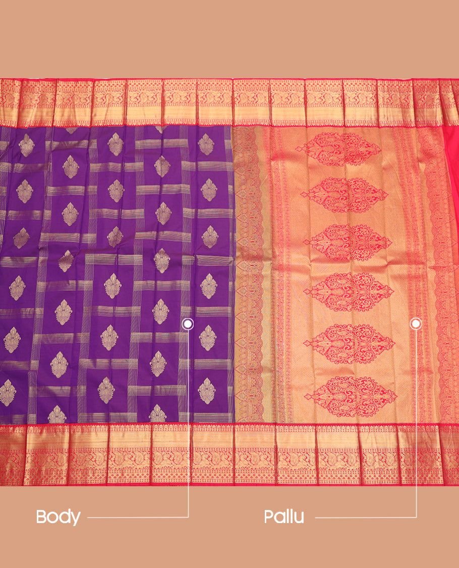 Violet Budget Silk Saree, Elevated with Zari Buttas, Complemented by a Contrast Traditional Zari Border, Grand Pallu, and a Contrast Blouse