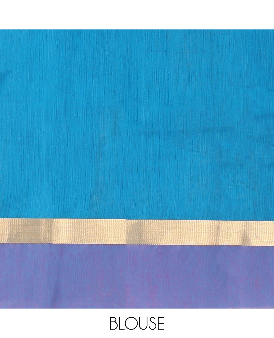 Blue Semi-Silk Cotton Saree, Gracefully Embellished with Bird Zari Buttas on Its Body, Complemented by Contrast Border of Peacock Buttas, Pallu Features Peacock Designs, and Paired with a Matching Blouse