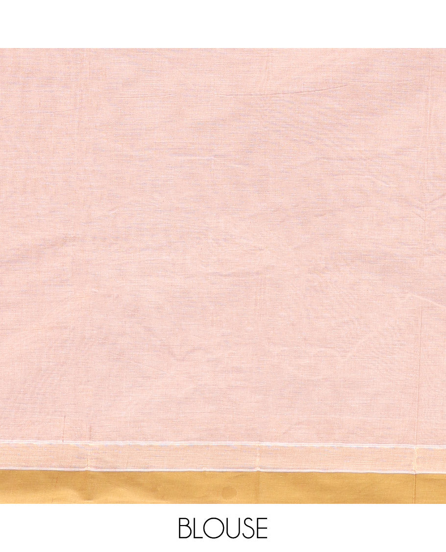 Sandal Kanchi Cotton Saree, Bedecked with Buttas, Complemented by a Contrast Border, Floral Pallu, and a Matching Blouse