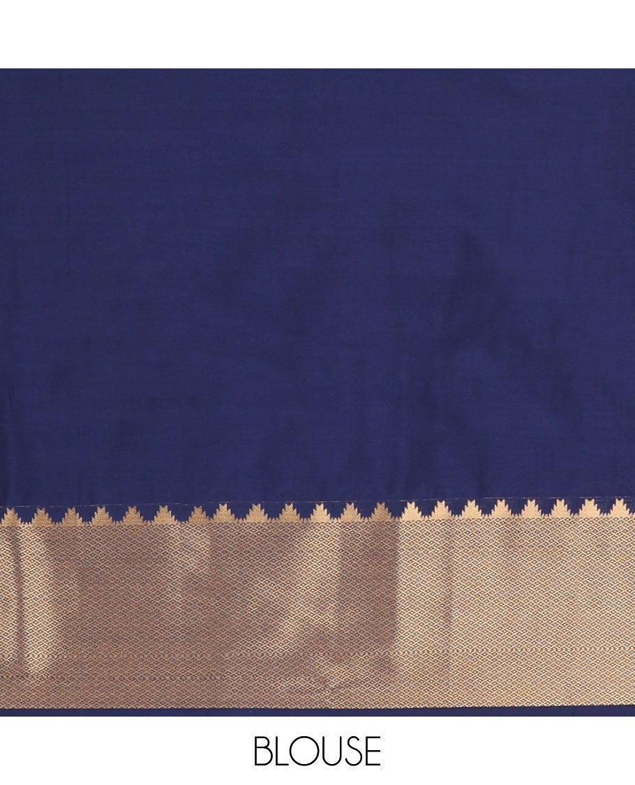 Peach floral design soft silk saree with contrast temple, checked border & floral design pallu