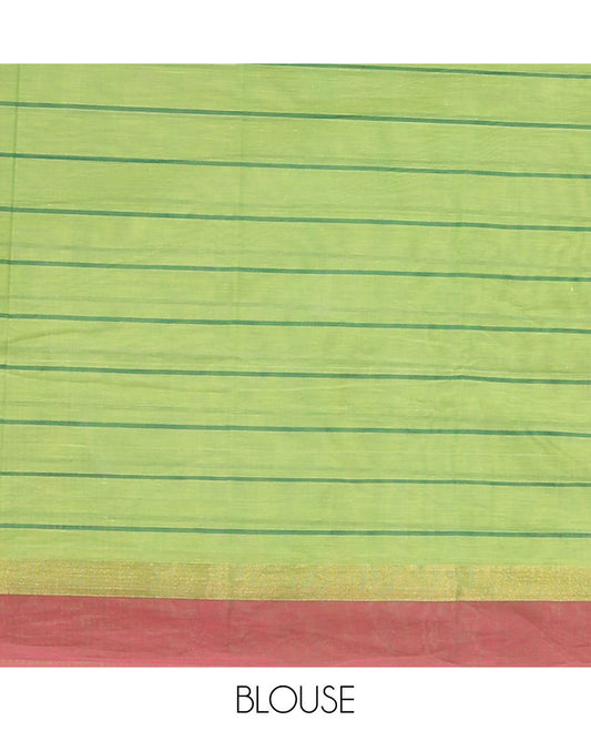 Green Kanchi Cotton Saree, Adorned with Stripes All Over Its Body, Complemented by Contrast Border, Pallu Depicts an Intricate Design, and Paired with a Matching Blouse