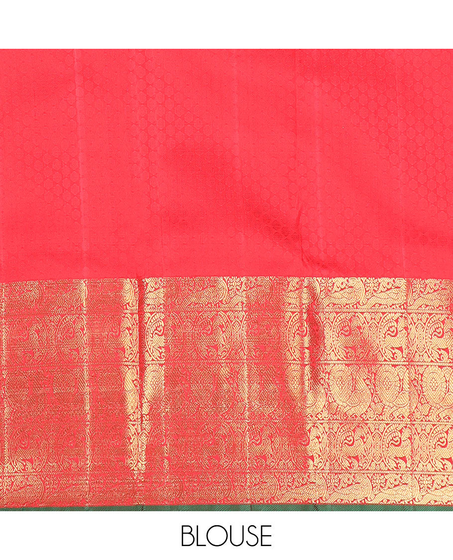 Red Jacquard Kanchipuram silk saree, zari border of round annam, round yaali & kili design & zari-rich grand  pallu