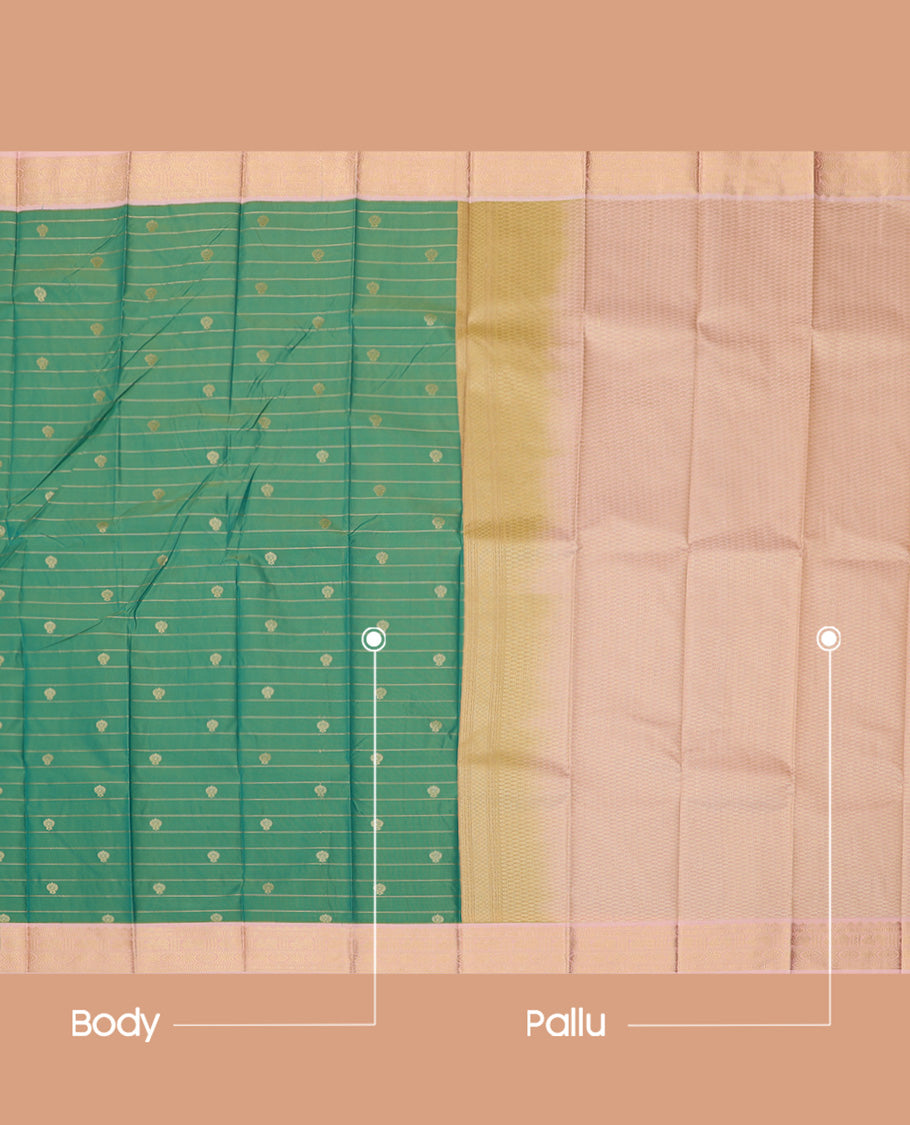 Green Budget Silk Saree, Mesmerized with Zari Buttas and Stripes, a Contrast Traditional Zari Border, Grand Pallu, and a Contrast Blouse