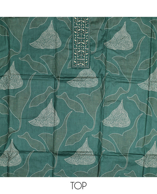 Green Material Chudidar Set, Mesmerized with Abstract Print and Neck Embroidered Cotton Top, a Printed Cotton Bottom, and Paired with a Ikkat-Style Geometric Printed Cotton Dupatta