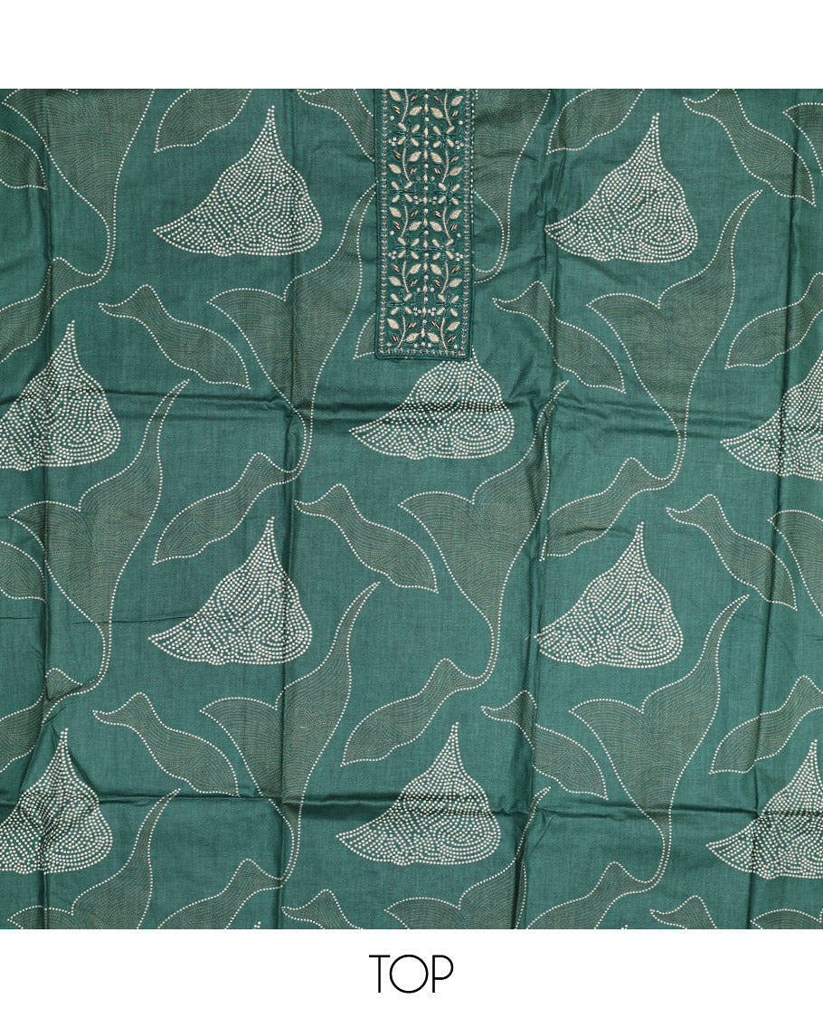Green Material Chudidar Set, Mesmerized with Abstract Print and Neck Embroidered Cotton Top, a Printed Cotton Bottom, and Paired with a Ikkat-Style Geometric Printed Cotton Dupatta