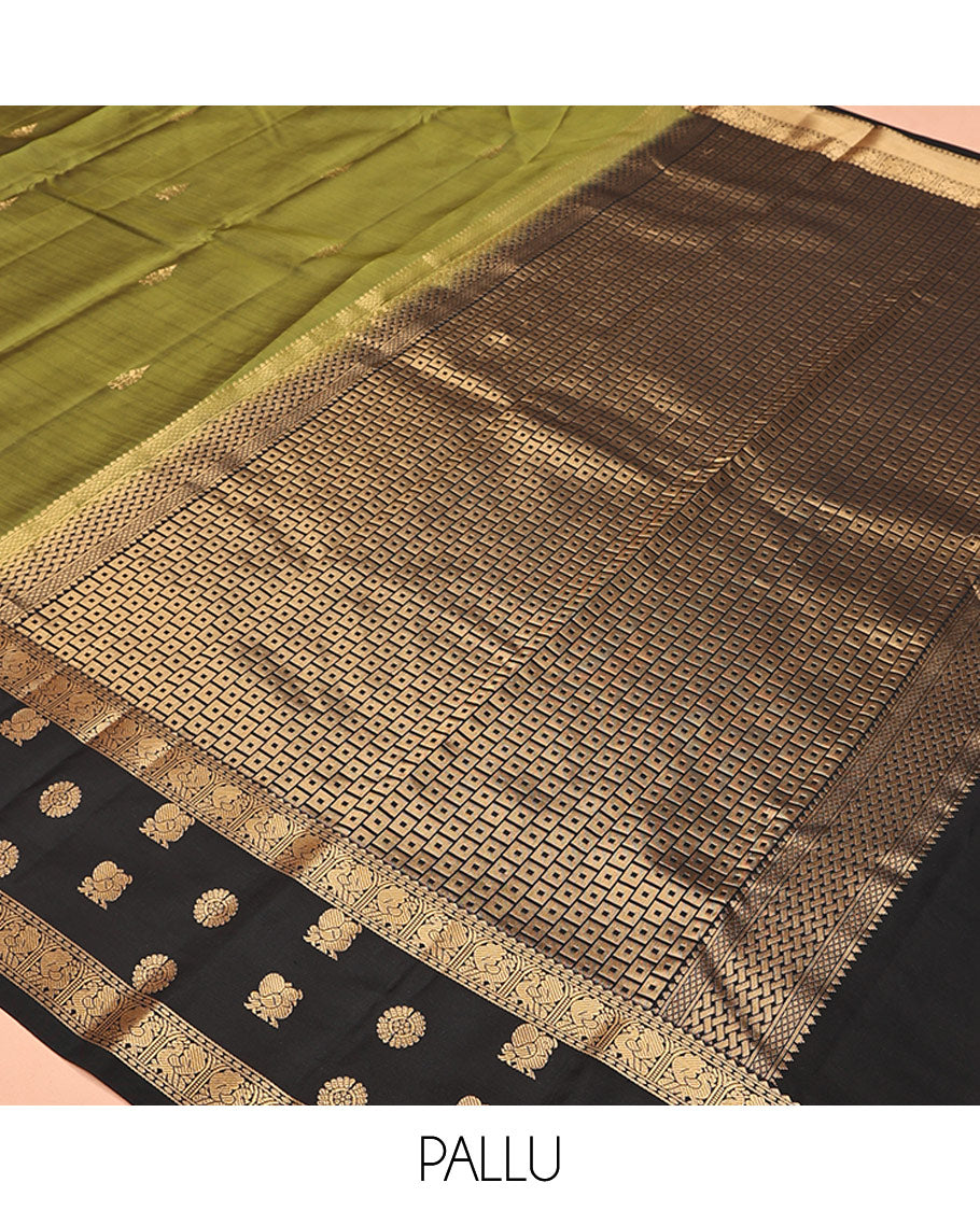 Green Vasundhara Lite Silk Mix Saree, Woven with Zari Buttas All Over Its Body, Complemented by Contrast Border of Rekku, Mayil, and Chakram Designs, Checked Pallu, and Paired with a Contrast Blouse