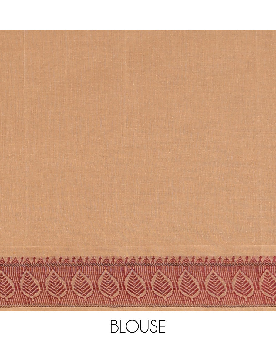Dark sandal Coimbatore cotton saree with buttas, self-border & pallu of intricate designs