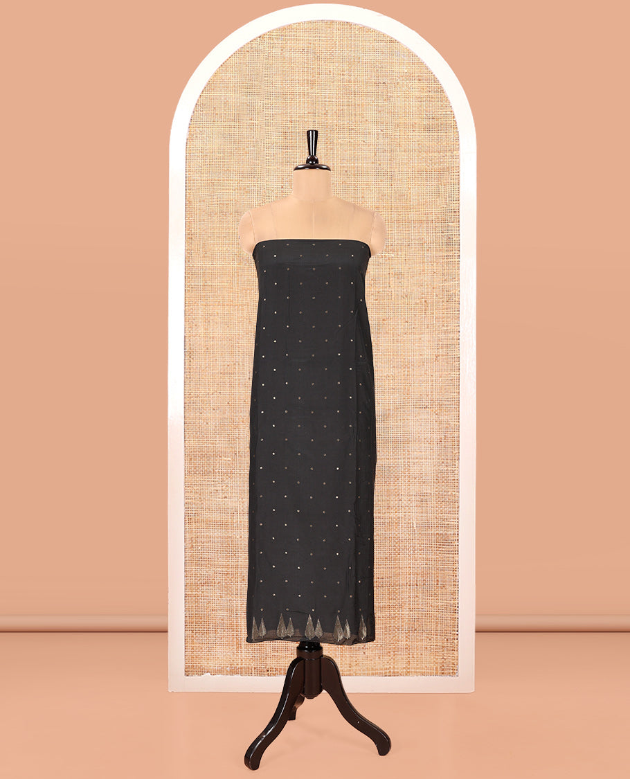 Black Semi-Silk Material Chudidar Set, Subtly Sparkled with Buttas on Its Top, a Plain Bottom, and Paired with a Semi-Silk Zari Buttas and Pine-Tree Dupatta