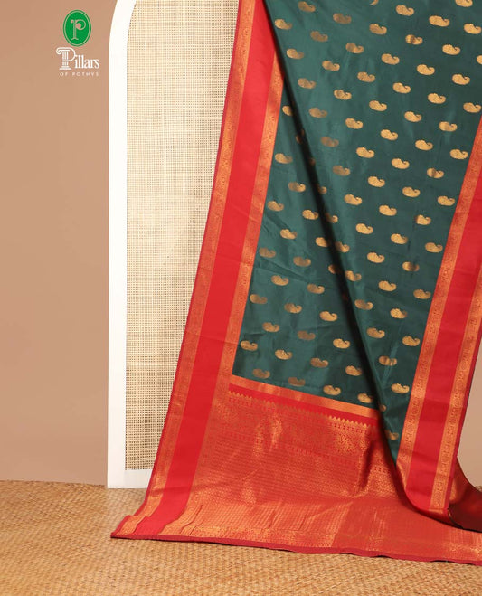 Bottle green mango butta zari design litchi soft silk saree with contrast bentex traditional border & rich weaving pallu along with brocade blouse