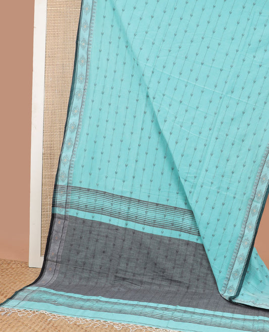 Light blue  striped, arrow design ikkat cotton saree with self floral design border & striped pallu