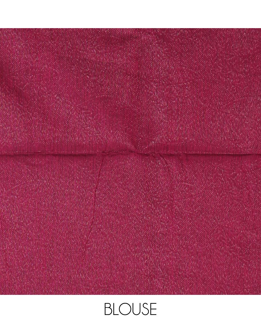 Borderless magenta lightweight silk cotton saree with leaf zari buttas, zari-rich pallu of leaf designs