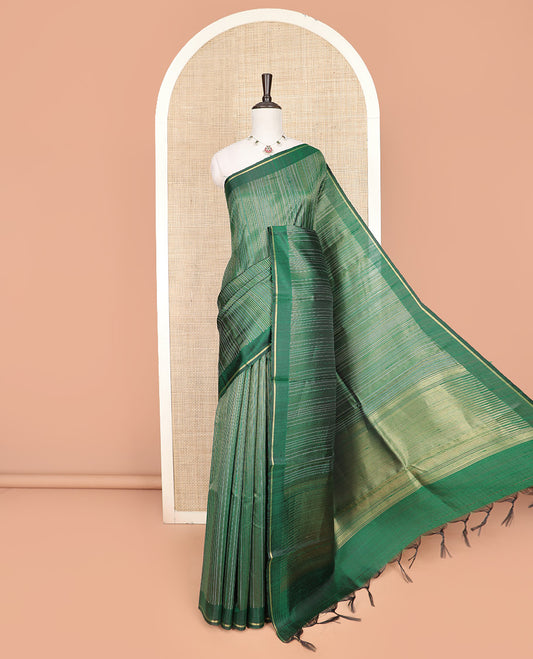 Green Dupion Silk Saree, Subtly Sparkled with Dotted Stripes All Over Its Body, Subtle Self-Border, Gleaming Zari Pallu, and Paired with a Matching Blouse