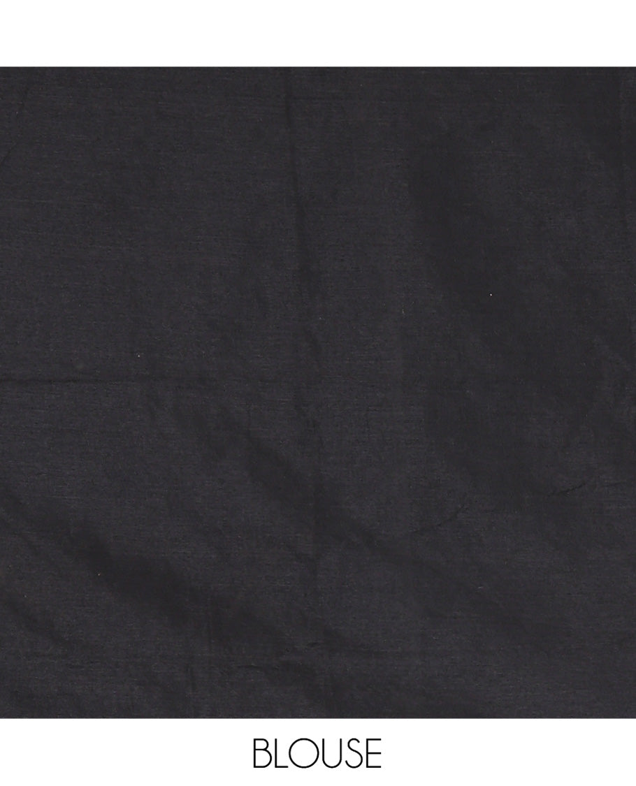 Borderless Black Khadi Cotton Saree, Delicately Woven with Umbrella Motifs, Thread Embroidered on Its Body, a Self-Pallu, and Paired with a Matching Blouse