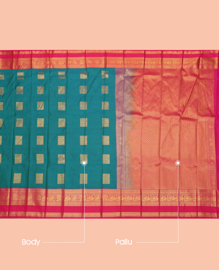 Green Budget Silk Saree, Highlighted with Peacock-Chakra Buttas, a Contrast Traditional Zari Rettai Pettu Border, a Grand Pallu and a Contrast Blouse