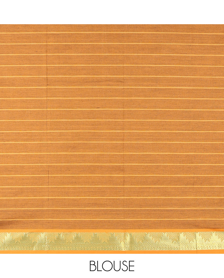 Blue Checked Poly Cotton Saree, Complemented by Contrast Temple Zari Border, Pallu of Stripes, and Paired with a Contrast Blouse