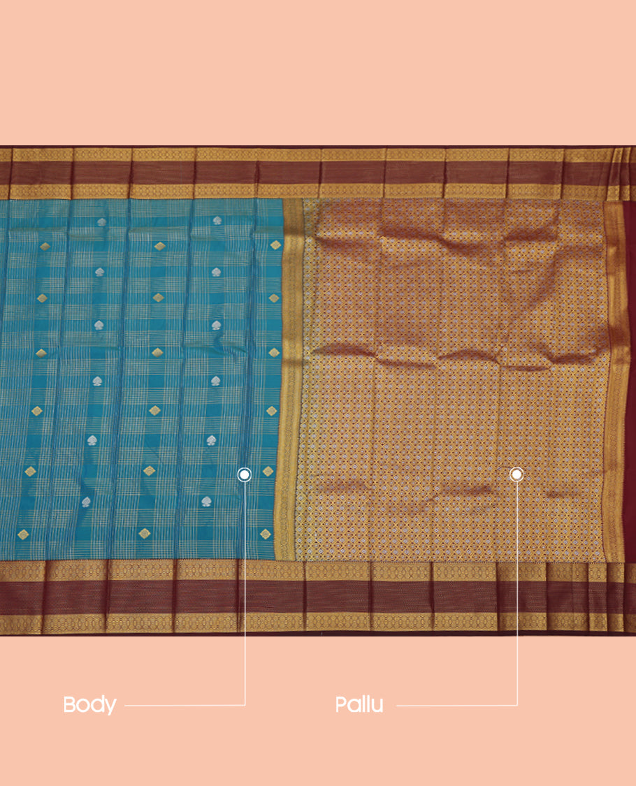 Blue Budget Silk Saree, Meticulously Crafted with Zari Buttas and Checks, a Contrast Traditional Zari Border, Grand Pallu, and a Contrast Blouse