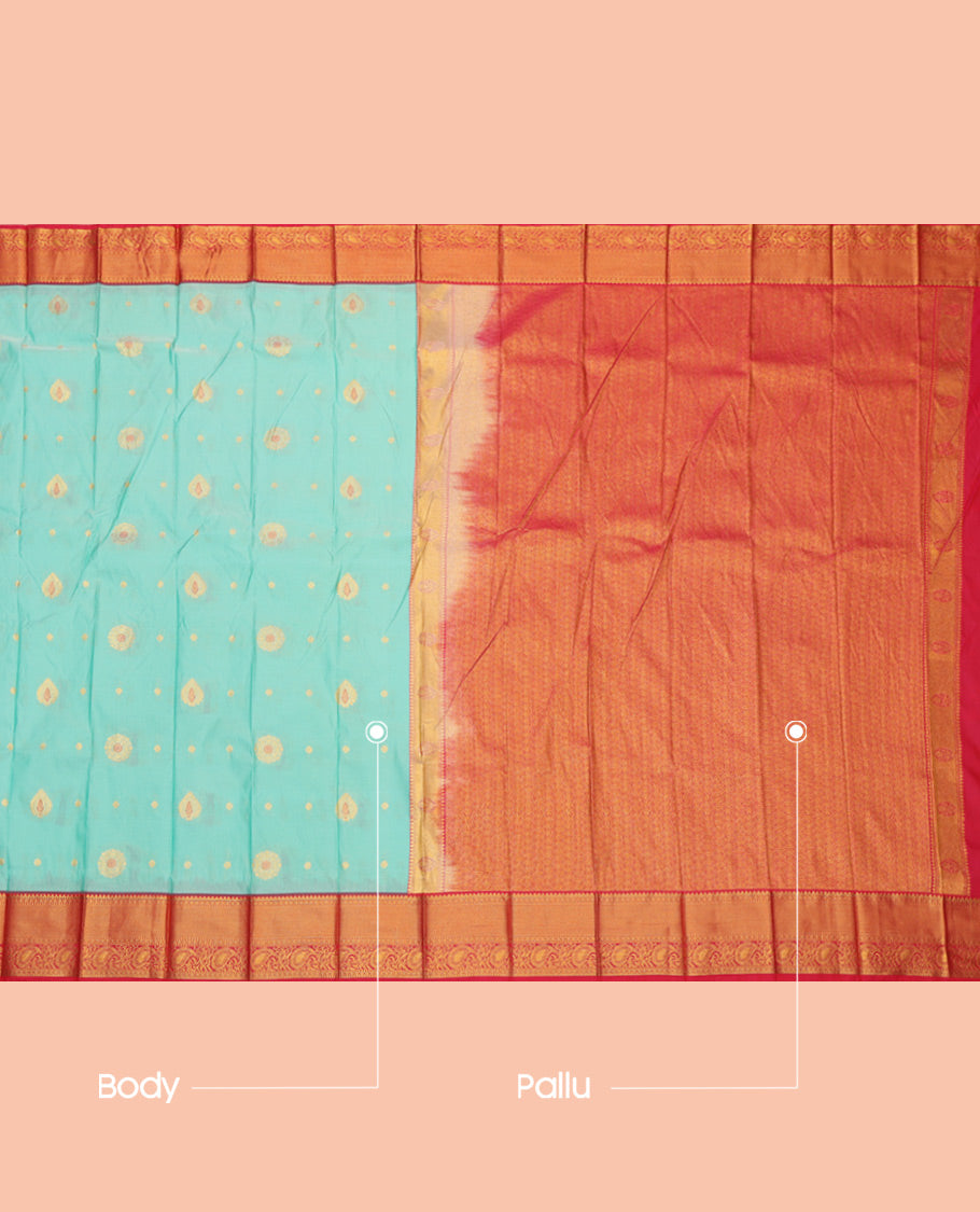 Blue Budget Silk Saree, Adorned with Zari Buttas, a Contrast Traditional Zari Border, Grand Pallu, and a Contrast Blouse