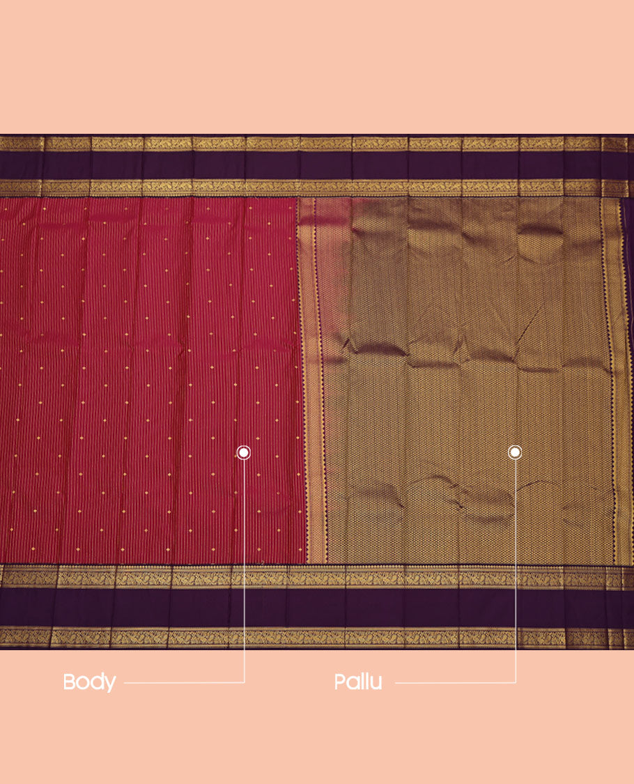 Red Budget Silk Saree, Bedecked with Zari Buttas and Stripes on Its Body, Complemented by a Contrast Traditional Zari Design Rettai Pettu Border, Grand Jaal Pallu, and Paired with a Contrast Blouse