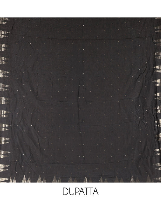Black Semi-Silk Material Chudidar Set, Subtly Sparkled with Buttas on Its Top, a Plain Bottom, and Paired with a Semi-Silk Zari Buttas and Pine-Tree Dupatta