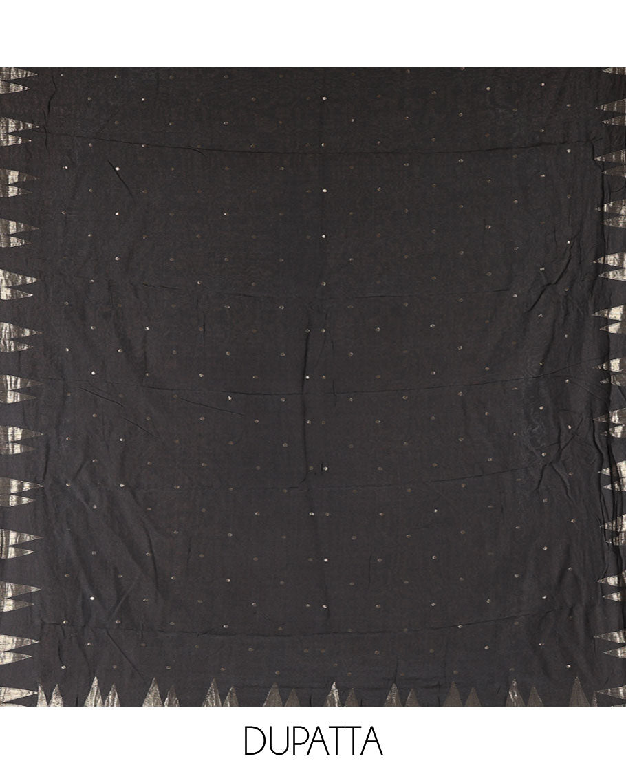 Black Semi-Silk Material Chudidar Set, Subtly Sparkled with Buttas on Its Top, a Plain Bottom, and Paired with a Semi-Silk Zari Buttas and Pine-Tree Dupatta