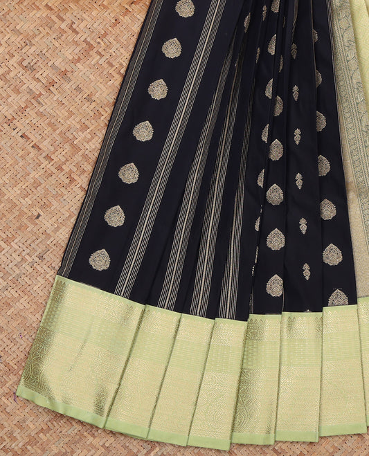 Black Budget Silk Saree, Prettified with Zari Buttas and Stripes, a Contrast Traditional Zari Border, Grand Pallu, and a Contrast Blouse
