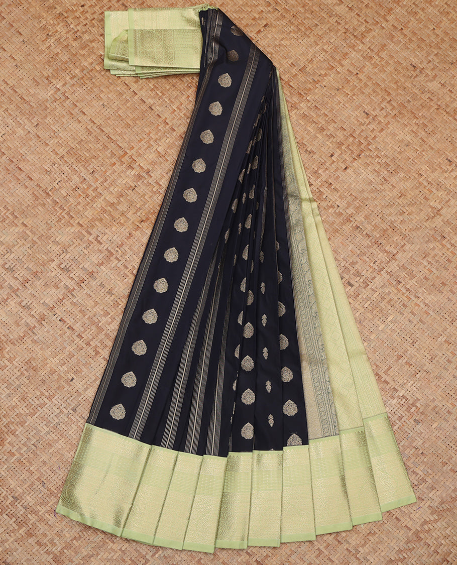 Black Budget Silk Saree, Prettified with Zari Buttas and Stripes, a Contrast Traditional Zari Border, Grand Pallu, and a Contrast Blouse