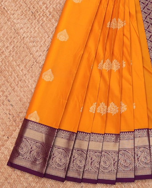 Orange Budget Silk Saree, Adorned with Zari Buttas, Complemented by a Contrast Traditional Zari Border, Grand Jaal Pallu, and Contrast Blouse