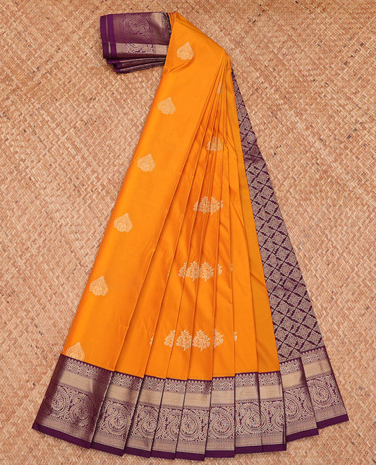 Orange Budget Silk Saree, Adorned with Zari Buttas, Complemented by a Contrast Traditional Zari Border, Grand Jaal Pallu, and Contrast Blouse