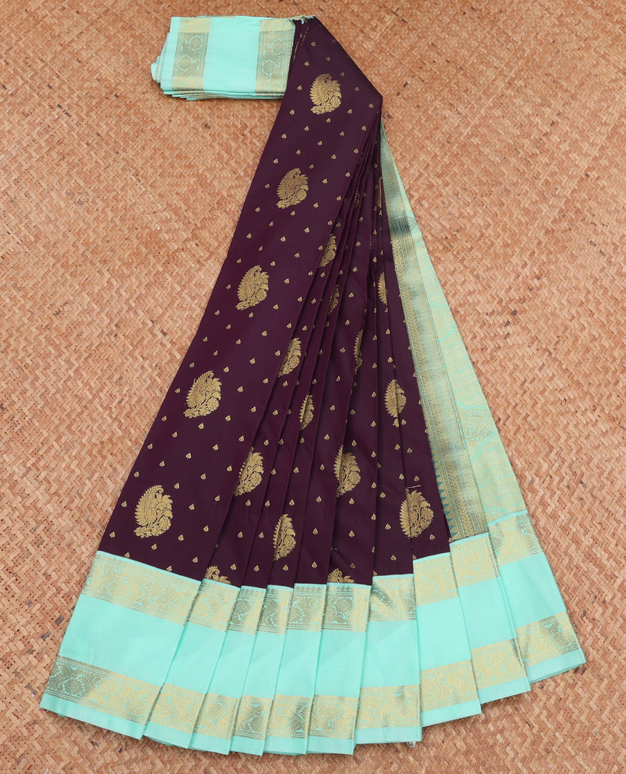 Brown Budget Silk Saree, Embellished with Zari Buttas, Complemented by a Contrast Traditional Zari Rettai Pettu Border, Grand Pallu, and Contrast Blouse