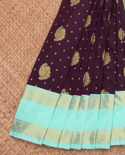 Brown Budget Silk Saree, Embellished with Zari Buttas, Complemented by a Contrast Traditional Zari Rettai Pettu Border, Grand Pallu, and Contrast Blouse