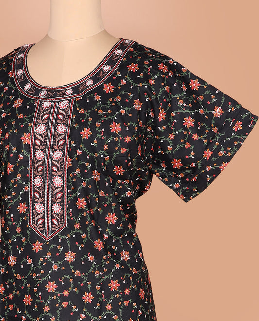 Black floral vine printed with round neck lace embroidered half-sleeve cotton nighty