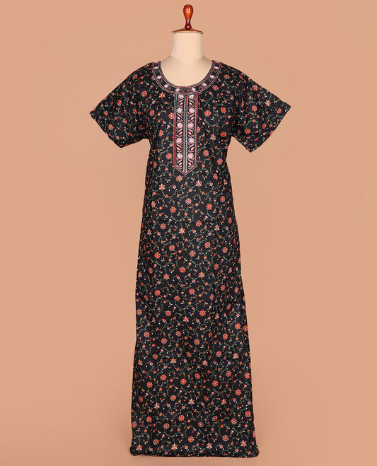 Black floral vine printed with round neck lace embroidered half-sleeve cotton nighty