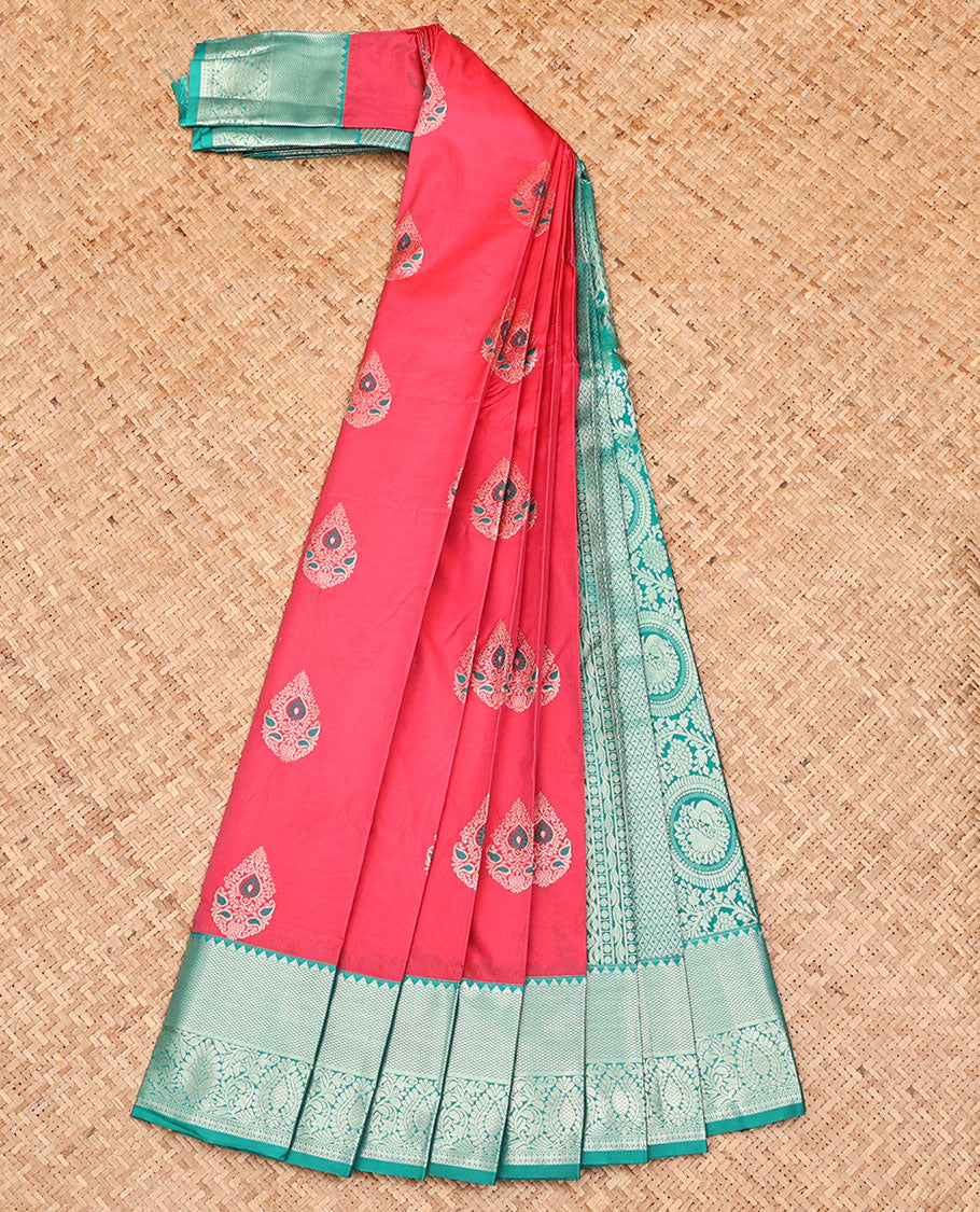 Pink Budget Silk Saree, Detailed with Zari Buttas, Captivating Contrast Traditional Zari Design Border, Pallu of Jaal Design, and Has a Contrast Blouse