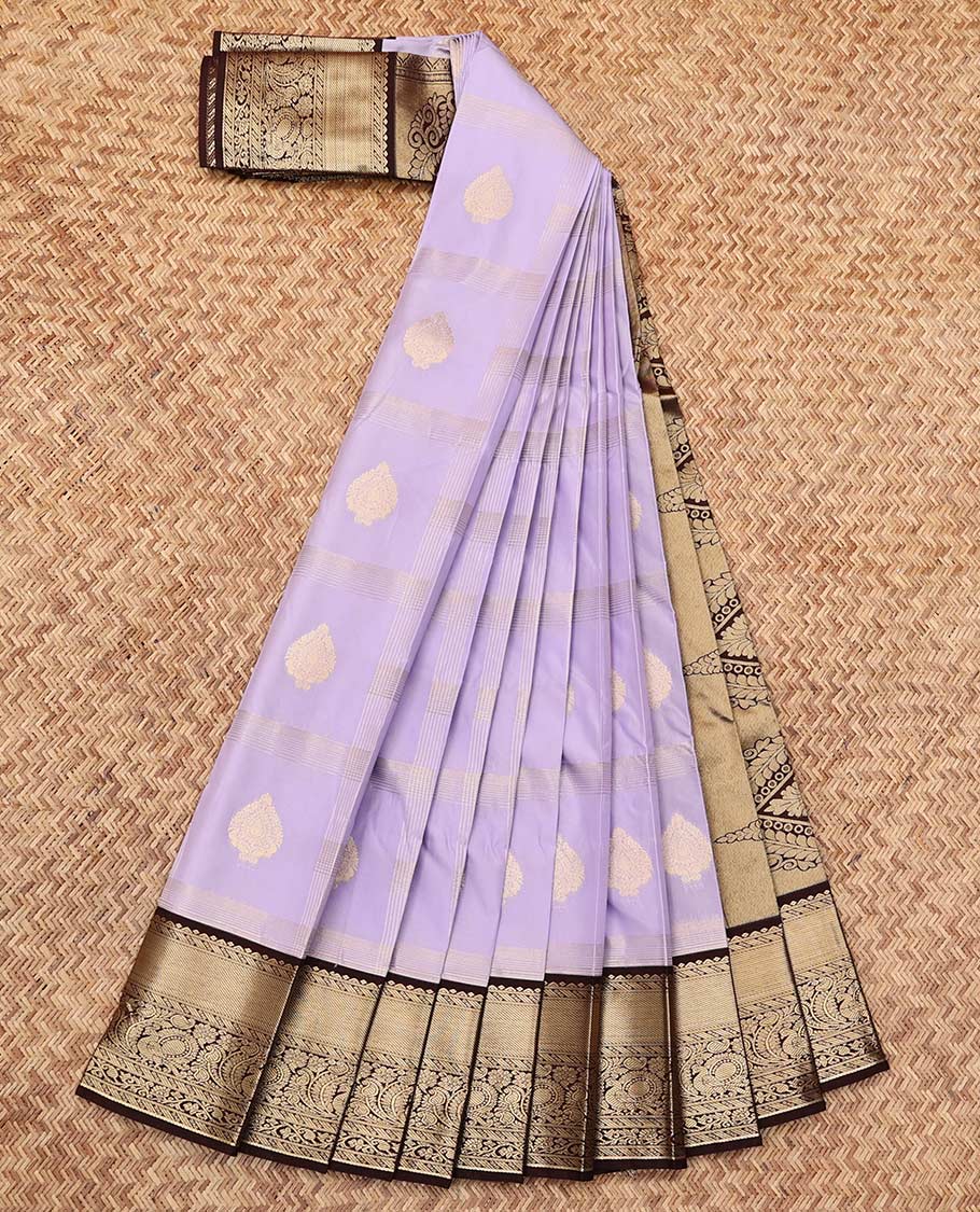Lavender Budget Silk Saree, Sparsely Woven with Zari Butta Enclosed Checks, a Contrast Traditional Zari Design Border, Grand Pallu, and a Contrast Blouse