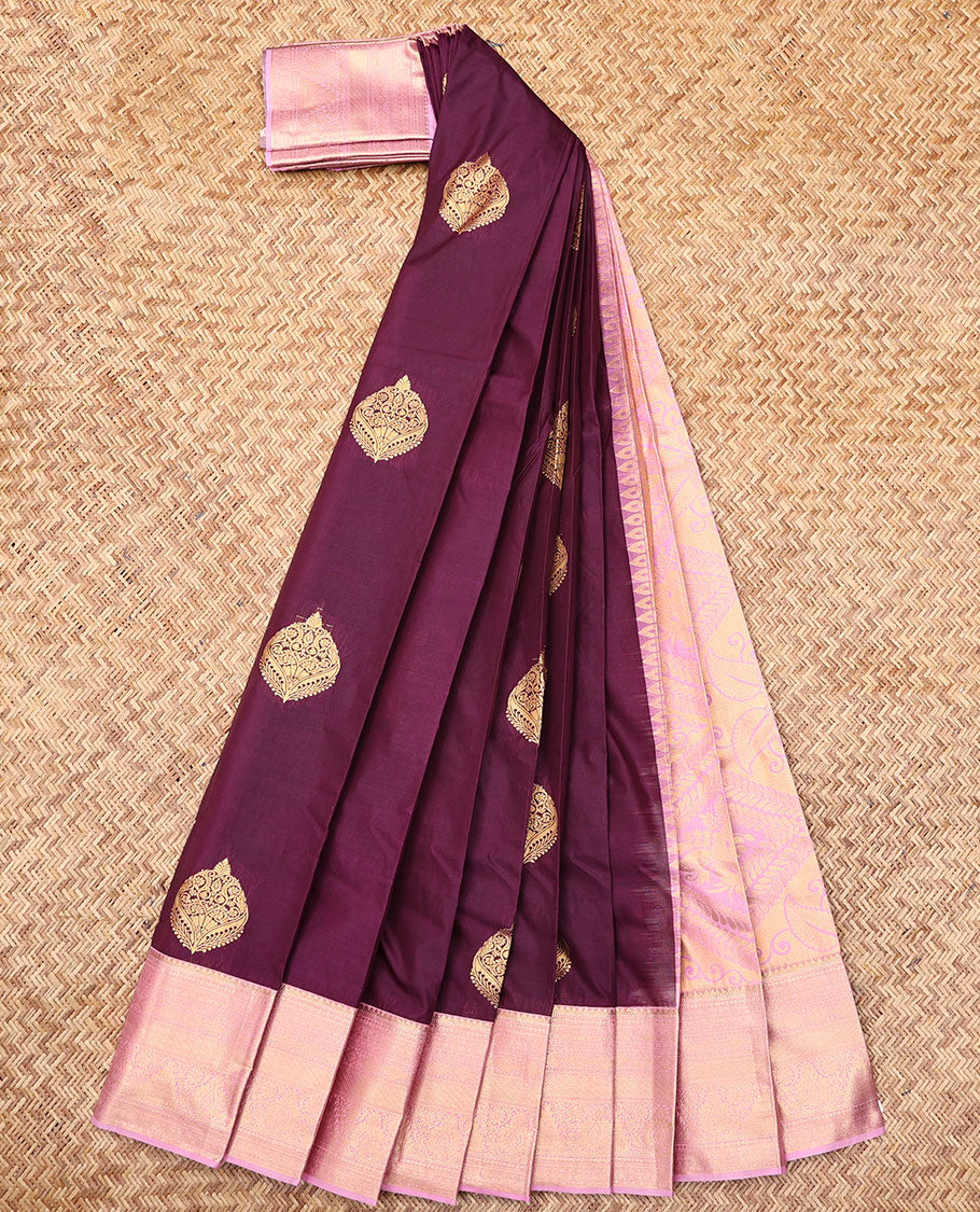 Wine Budget Silk Saree, Enthralled with Zari Buttas, Complemented by Contrast Traditional Zari Border, a Grand Pallu and a Contrast Blouse