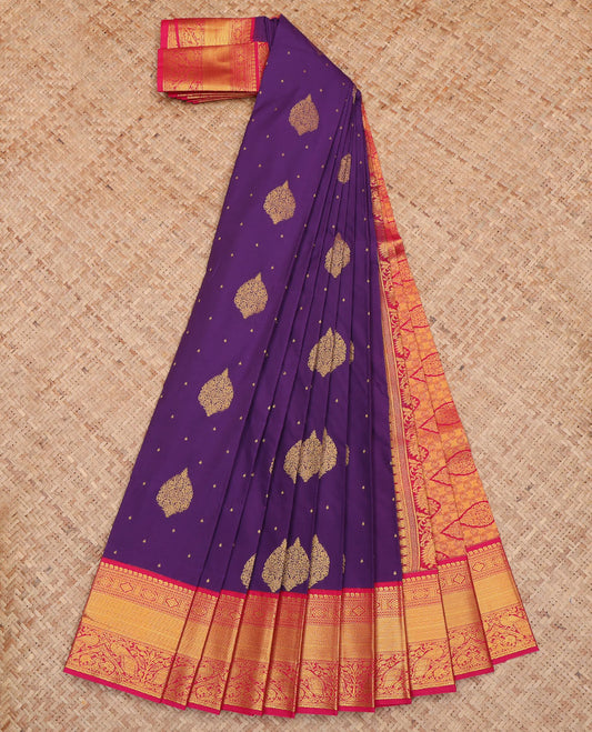 Violet Budget Silk Saree, Dazzled with Zari Buttas All Over Its Body, Complemented by a Contrast Traditional Design Border of Peacocks, Gracefully Embellished Pallu, and Paired with a Contrast Blouse
