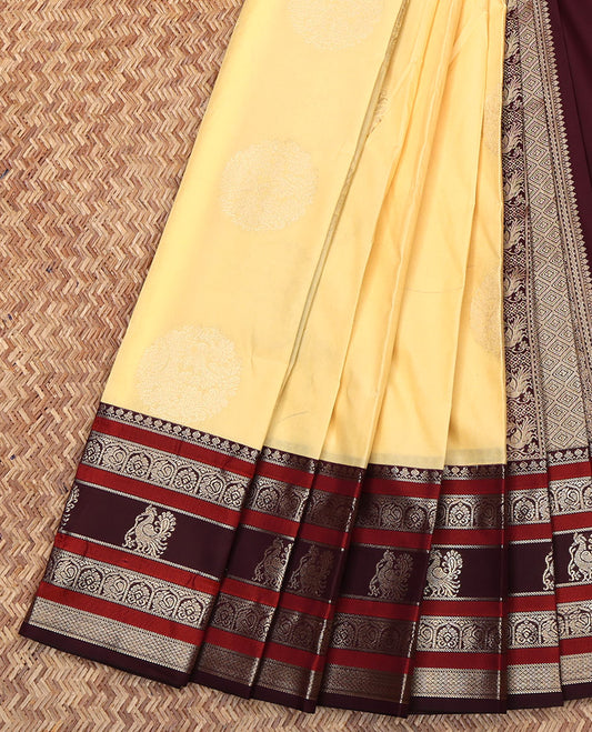 Light Yellow Budget Silk Saree, Sparsely Woven with Buttas on Its Body, Complemented by a Contrast Traditional Zari Designs Woven Border, Grand Pallu of Jaal Designs, and Paired with a Contrast Blouse