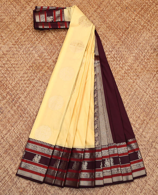 Light Yellow Budget Silk Saree, Sparsely Woven with Buttas on Its Body, Complemented by a Contrast Traditional Zari Designs Woven Border, Grand Pallu of Jaal Designs, and Paired with a Contrast Blouse