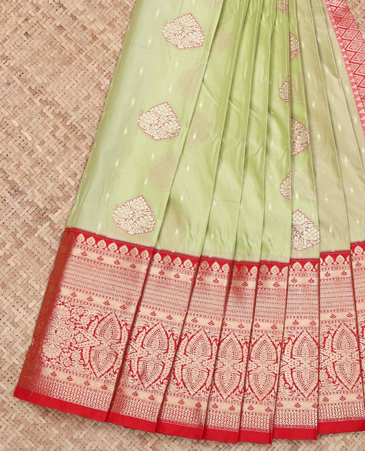 Green Budget Silk Saree, Elevated with Zari Buttas on Its Body, Complemented by a Contrast Traditional Zari Design Border, Grand Jaal Pallu, and Paired with a Contrast Blouse