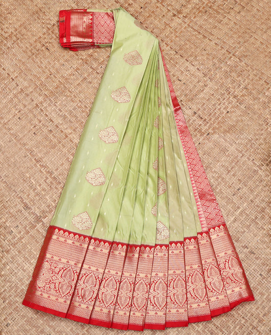 Green Budget Silk Saree, Elevated with Zari Buttas on Its Body, Complemented by a Contrast Traditional Zari Design Border, Grand Jaal Pallu, and Paired with a Contrast Blouse