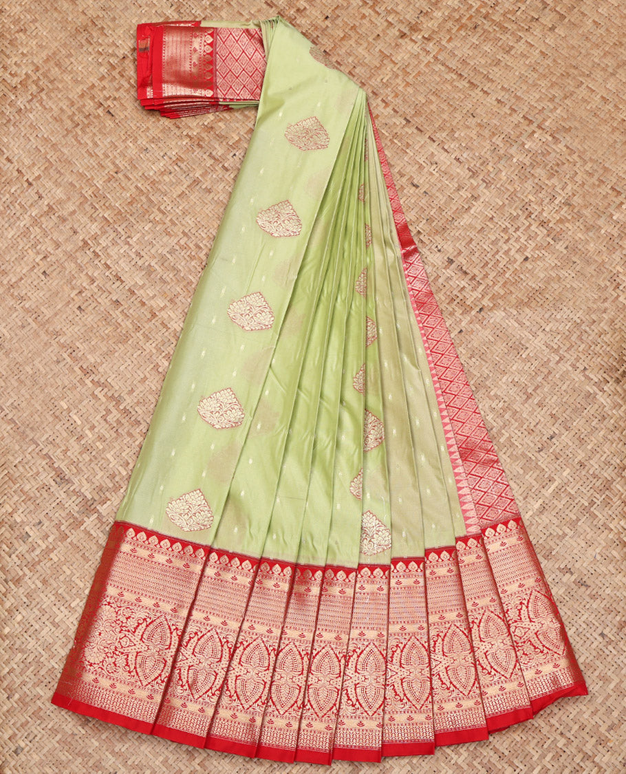 Green Budget Silk Saree, Elevated with Zari Buttas on Its Body, Complemented by a Contrast Traditional Zari Design Border, Grand Jaal Pallu, and Paired with a Contrast Blouse