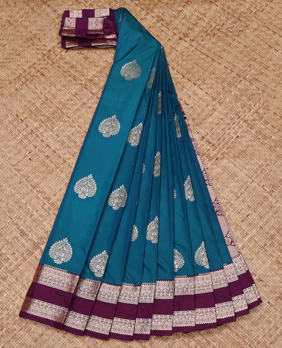 Blue Budget Silk Saree, Decorated with Zari Buttas All Over Its Body, Complemented by a Contrast Traditional Zari Design Rettai Pettu Border, Intricate Pallu, and Paired with a Contrast Blouse