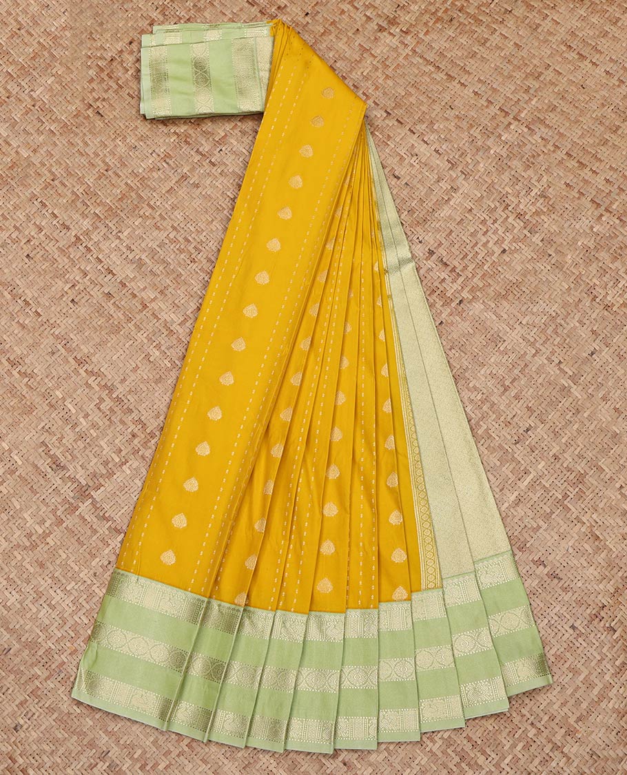 Yellow Budget Silk Saree, Impeccably Styled with Zari Buttas on Its Body, Complemented by a Contrast Traditional Zari Design Varisai Pettu Border, Jaal Pallu, and Paired with a Contrast Blouse